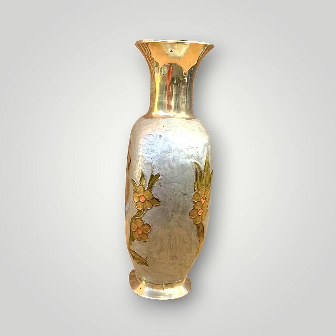 Vintage enamelled brass vase with owl decoration – handcrafted