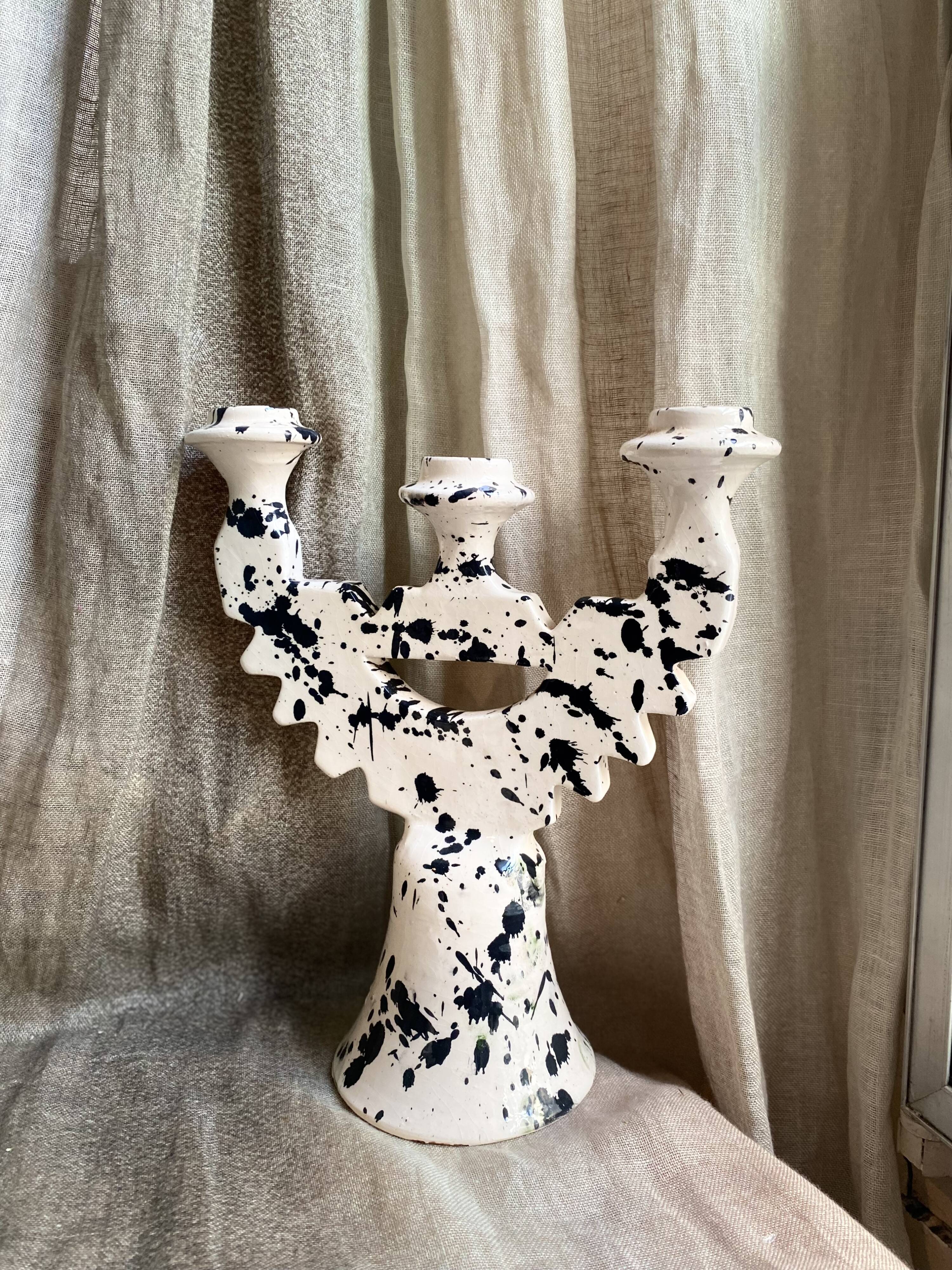 3-headed black spotted terracotta candle holder