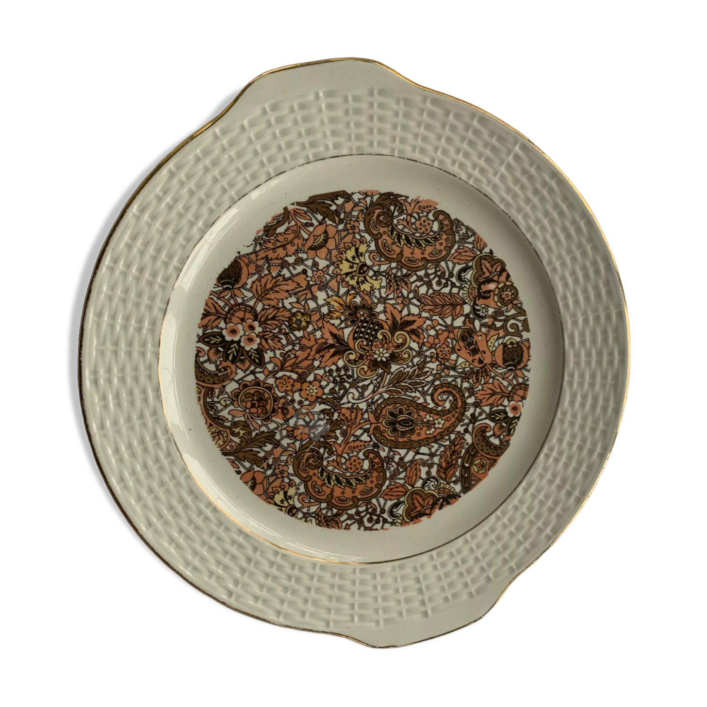Plat à gâteaux en faïence motif cachemire vintage