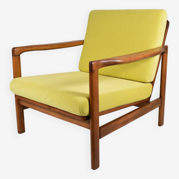 Fauteuil scandinave restauré, icône originale des années 60, jaune, teck