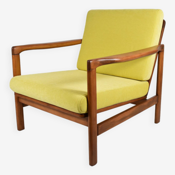 Scandinavian restored armchair, original 60s icon, yellow, teak