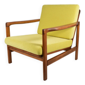 Scandinavian restored armchair, original 60s icon, yellow, teak