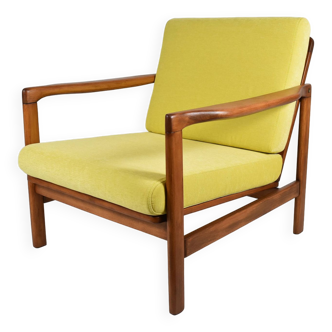 Scandinavian restored armchair, original 60s icon, yellow, teak