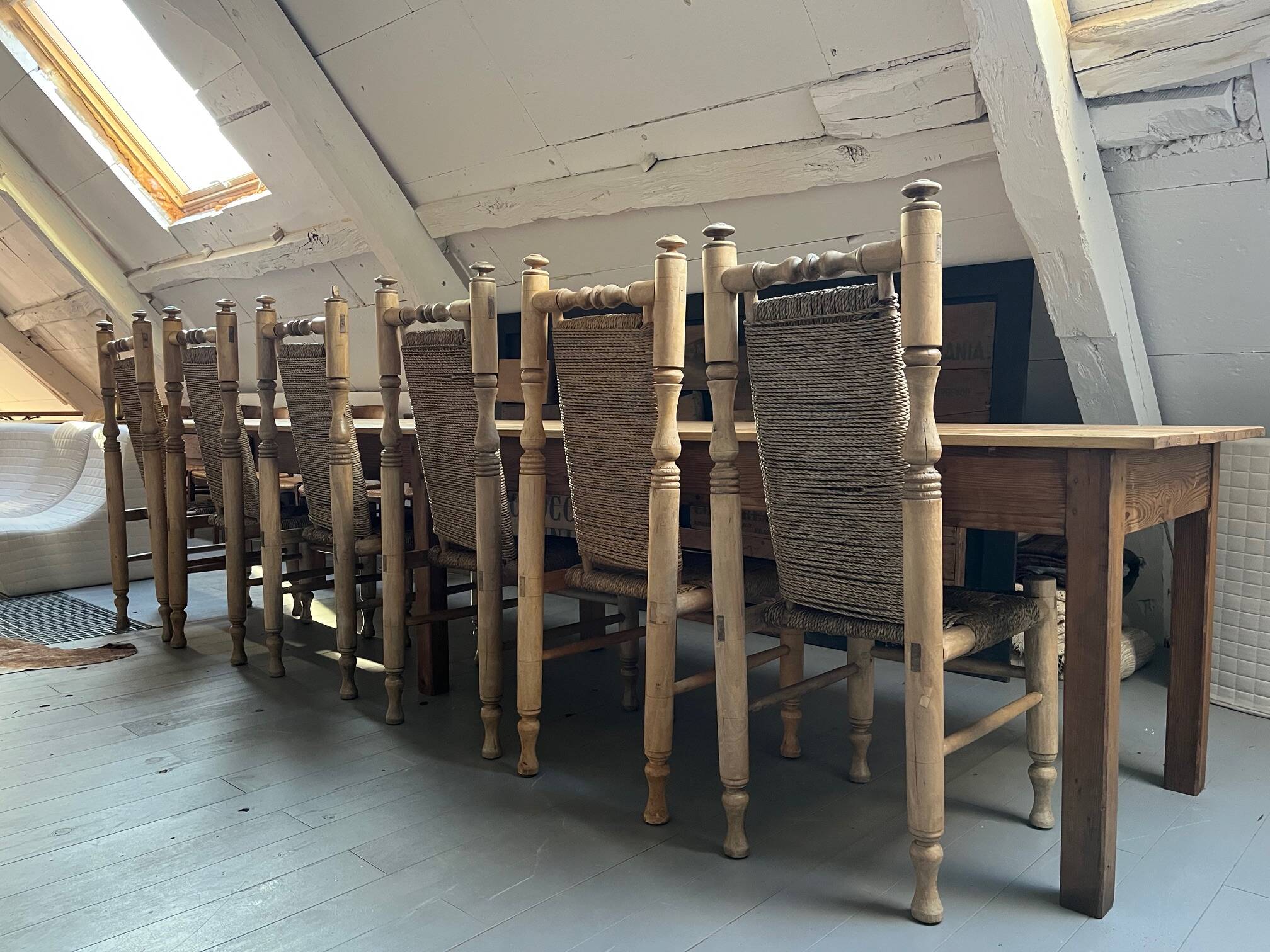 6 wooden and rope chairs attributed to Adrien Audoux & Frida Minet