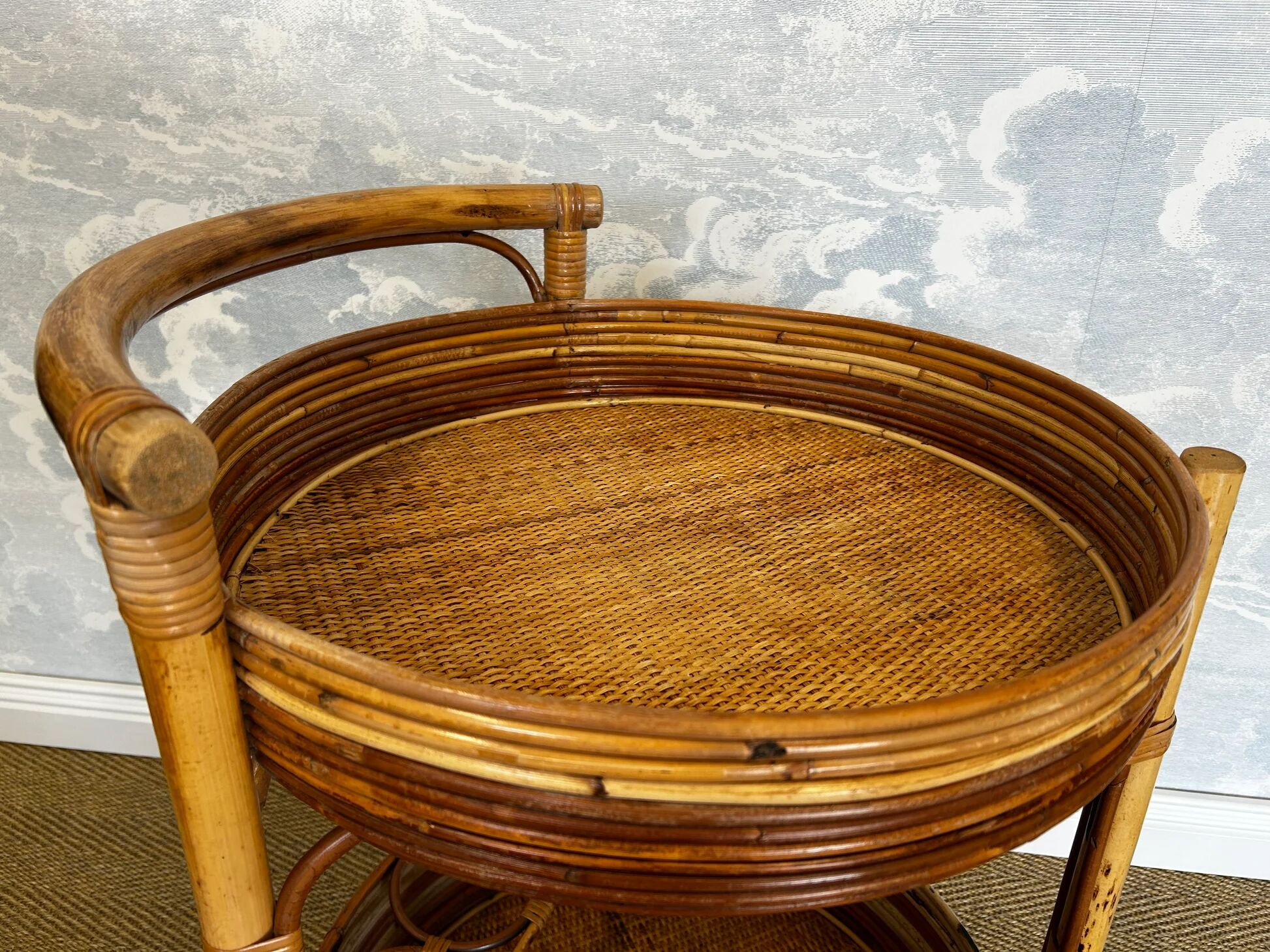 2-tiered round bamboo bar cart in the style of Vivai del Sud, Italy, 1960s