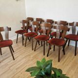 Lot of 10 Vintage Tyrolean Dine Chairs with Red Fabric Seat / Original Mundus Wooden Cottage