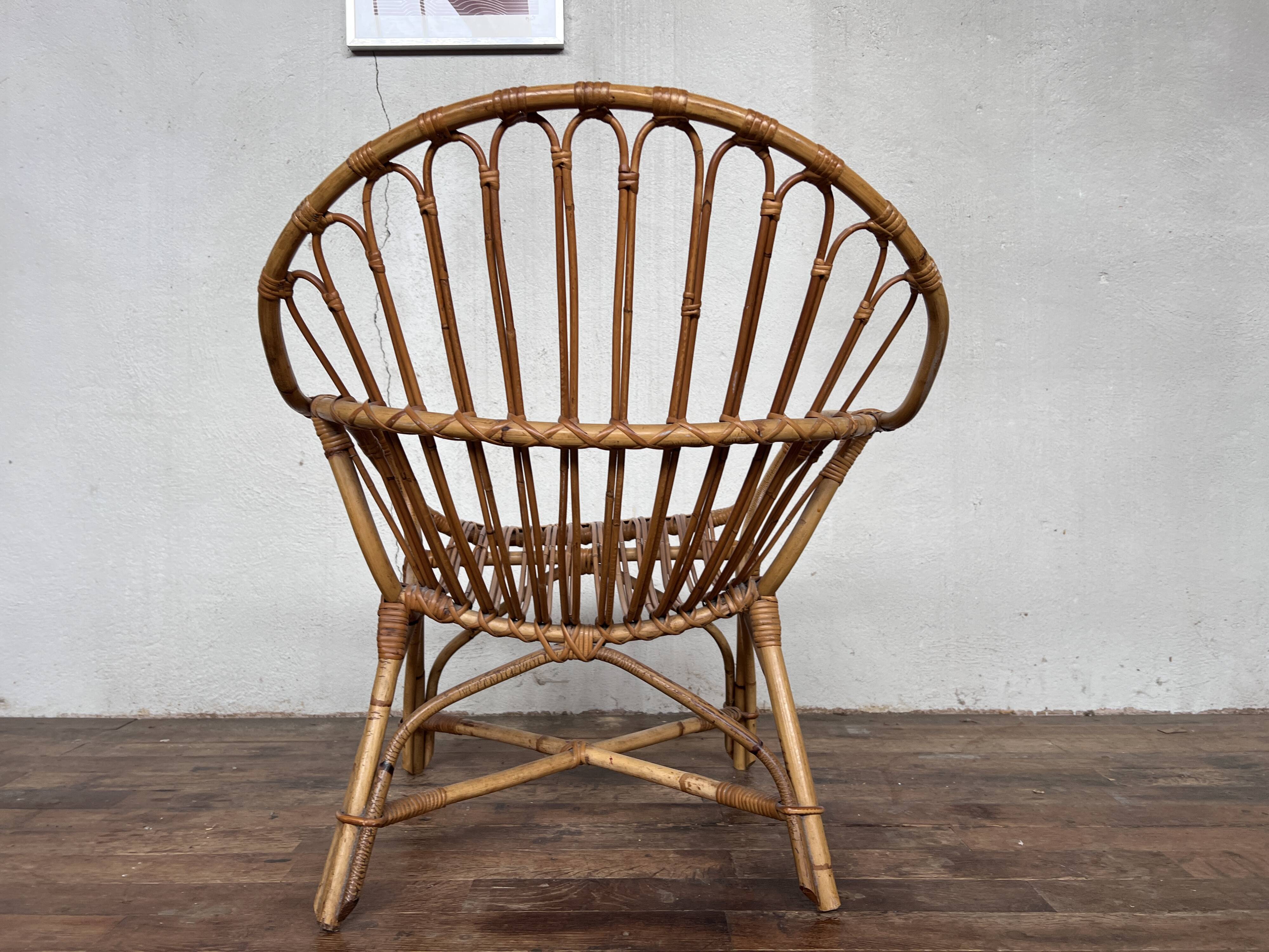 Fauteuil bohème shabby chic en rotin bambou 1950