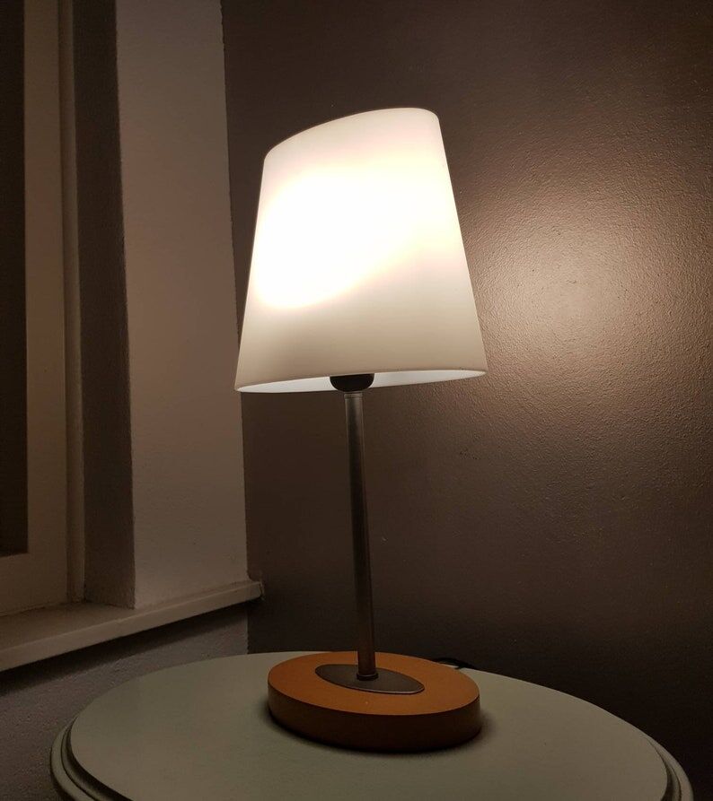 Wooden and metal lamp with plastic lampshade from the 1980s