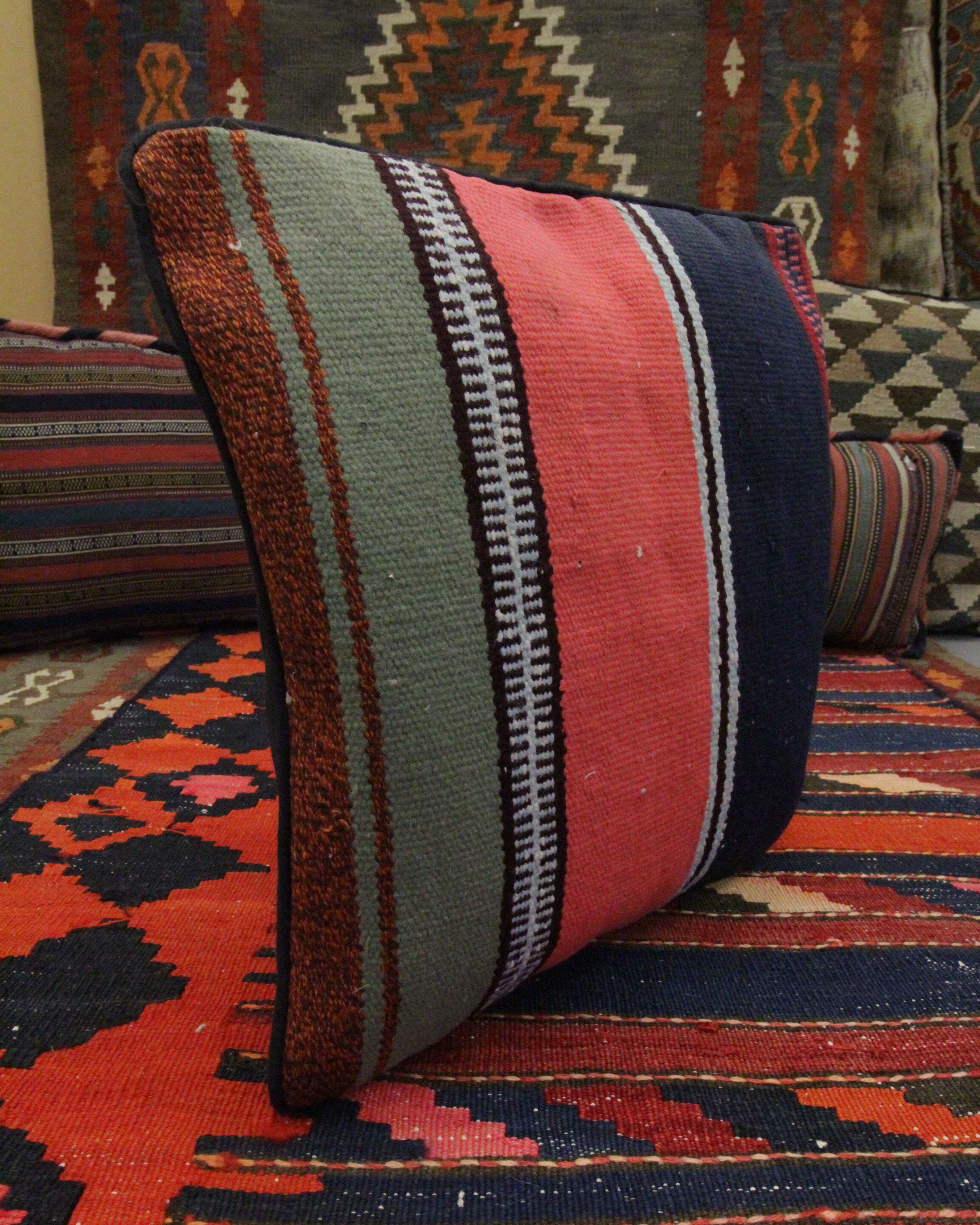 Handmade Kilim Pink Blue Cushion Cover- 42x42cm
