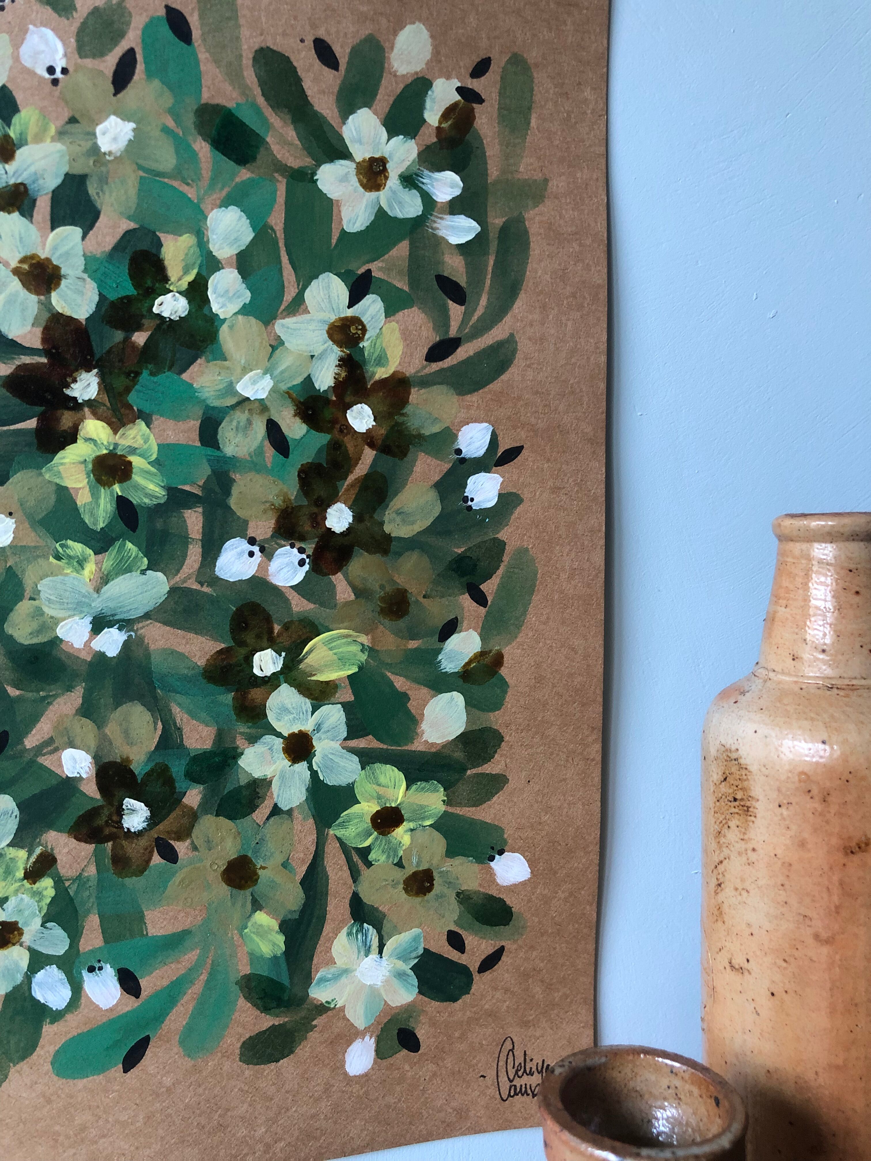 Painting a4 on paper flowers buds and green leaves by céline caux