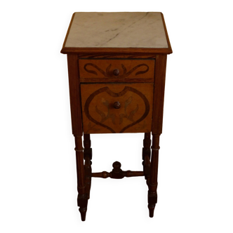 Marble top marquetry bedside table