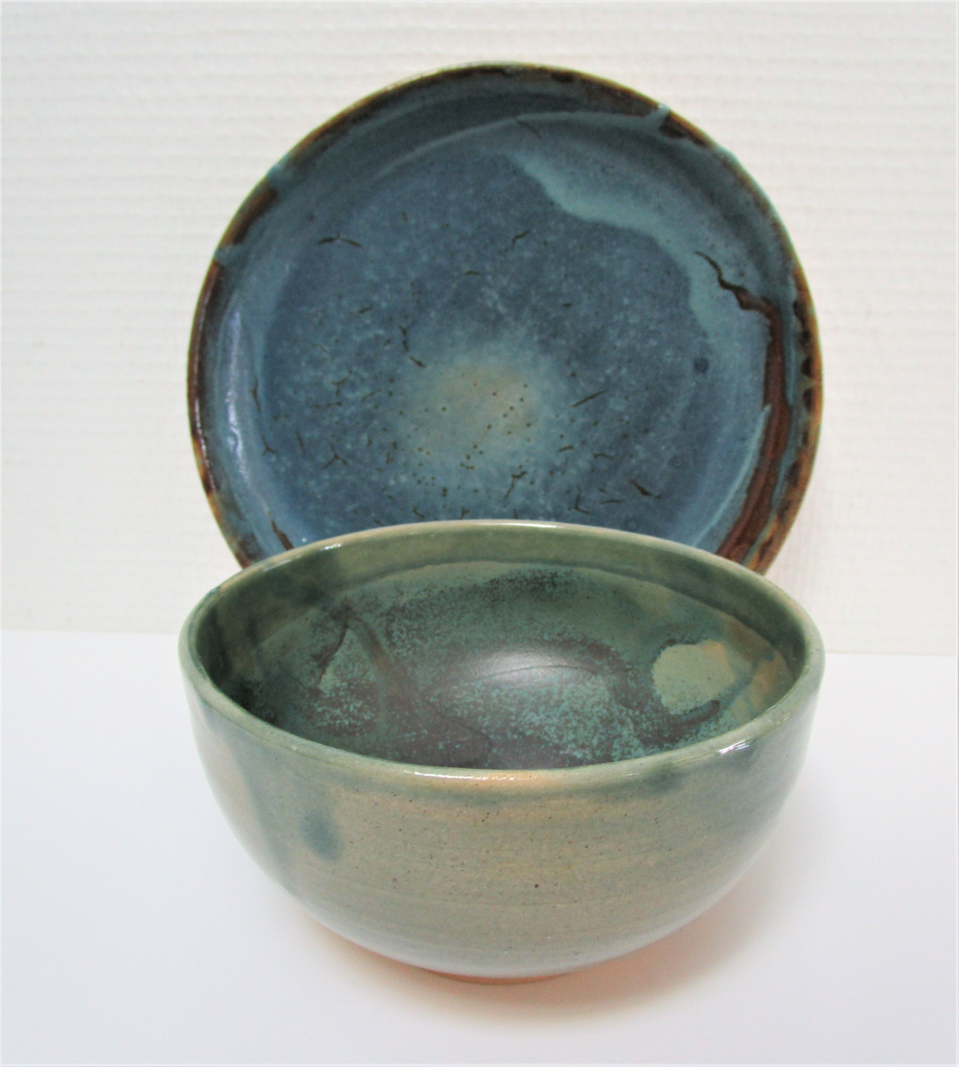 Bowl and round ceramic dish enamelled blue green brown vintage signed vintage