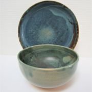 Bowl and round ceramic dish enamelled blue green brown vintage signed vintage