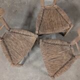 Set of 3 rustic wooden and woven straw chairs
