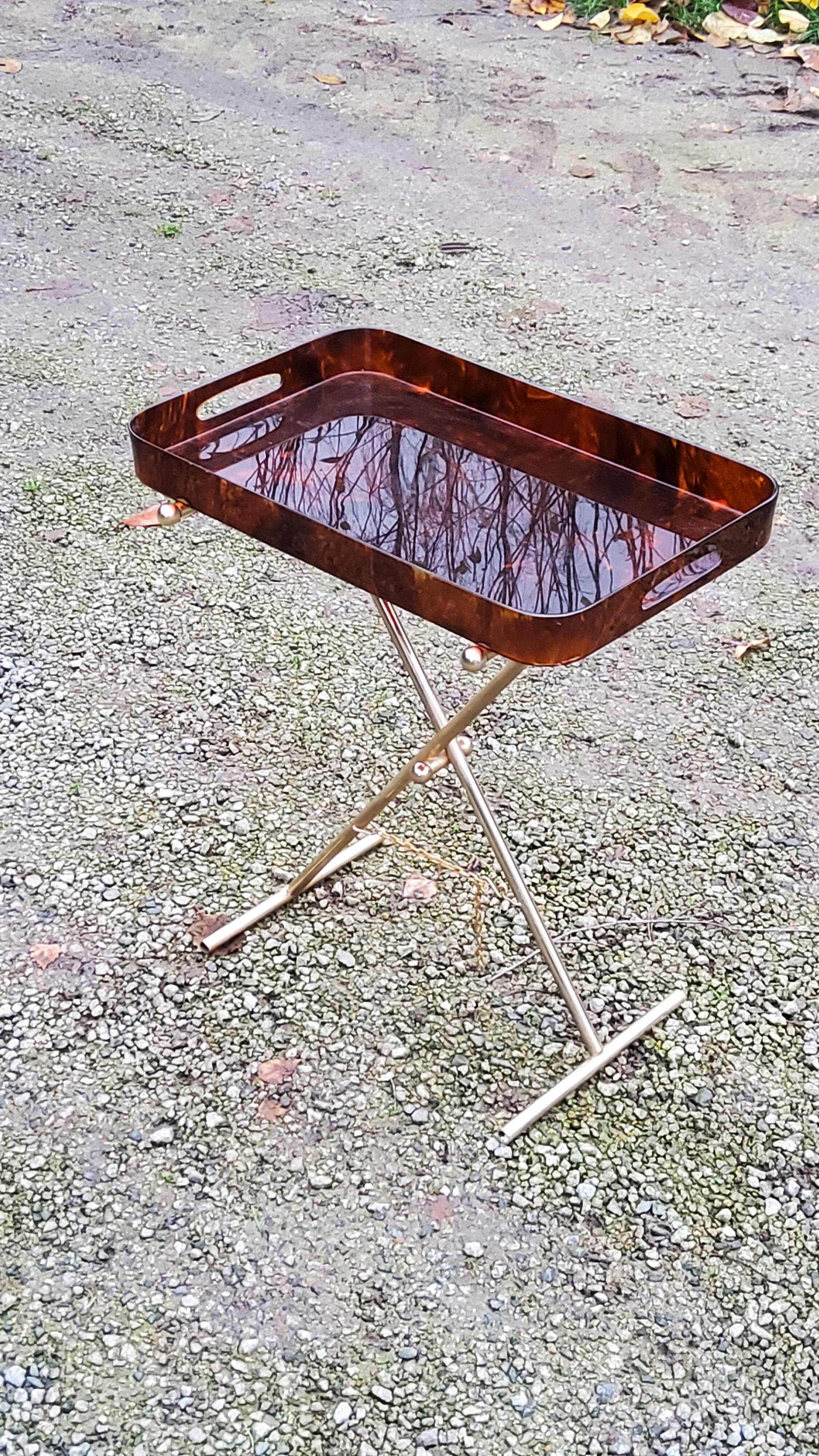 Gold metal side table with tortoiseshell lucite top from the 70s