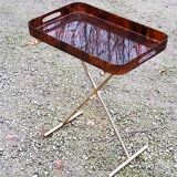 Gold metal side table with tortoiseshell lucite top from the 70s