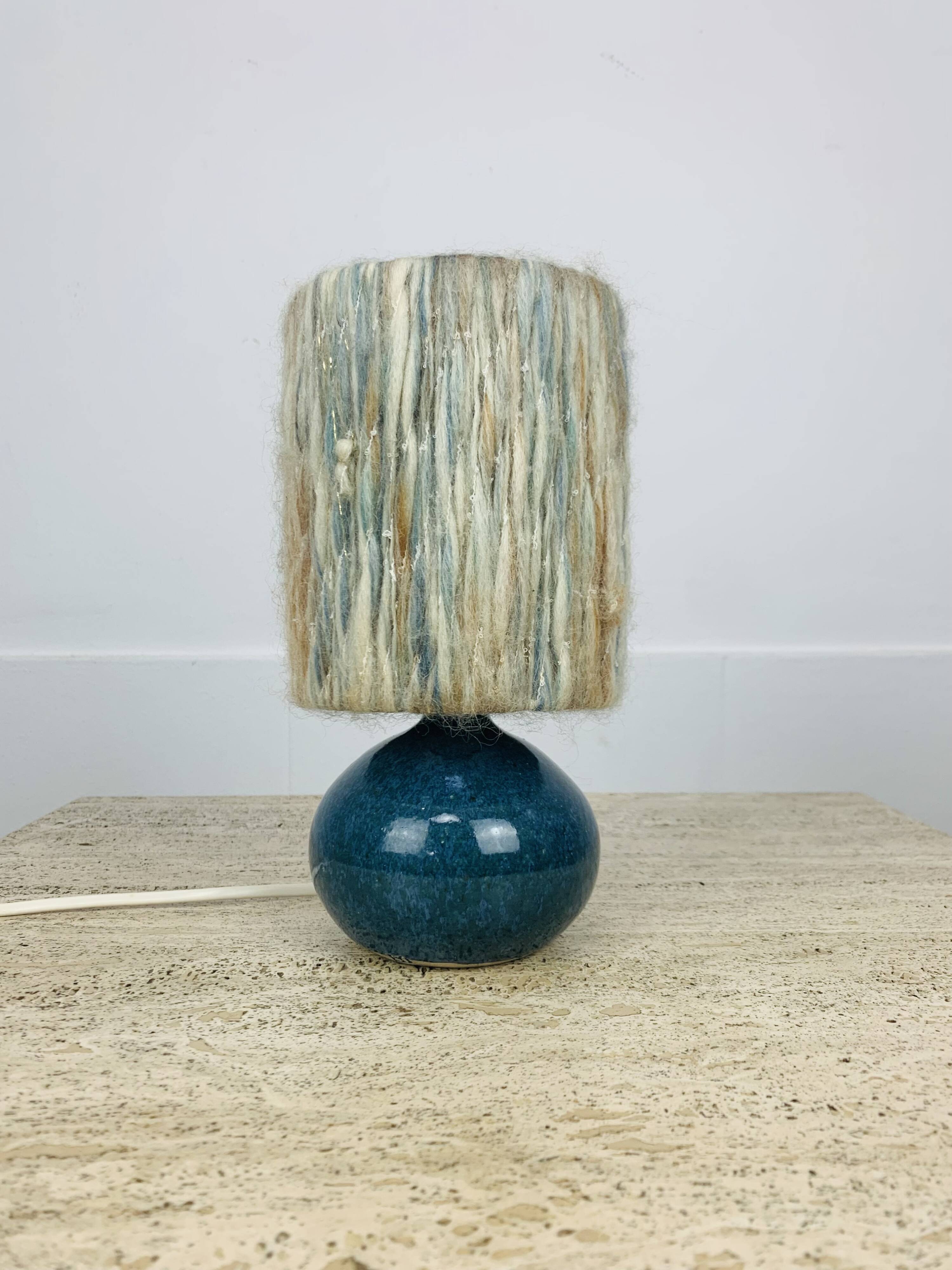 Blue ceramic ball lamp with wool lampshade, vintage