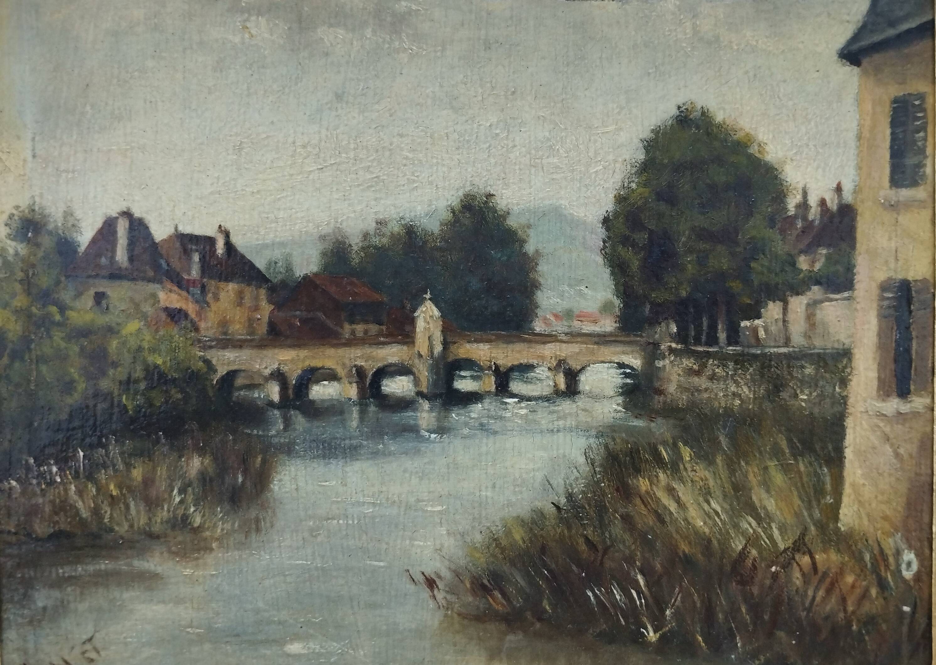 Landscape painting, old oil on cardboard framed signed GILLET.