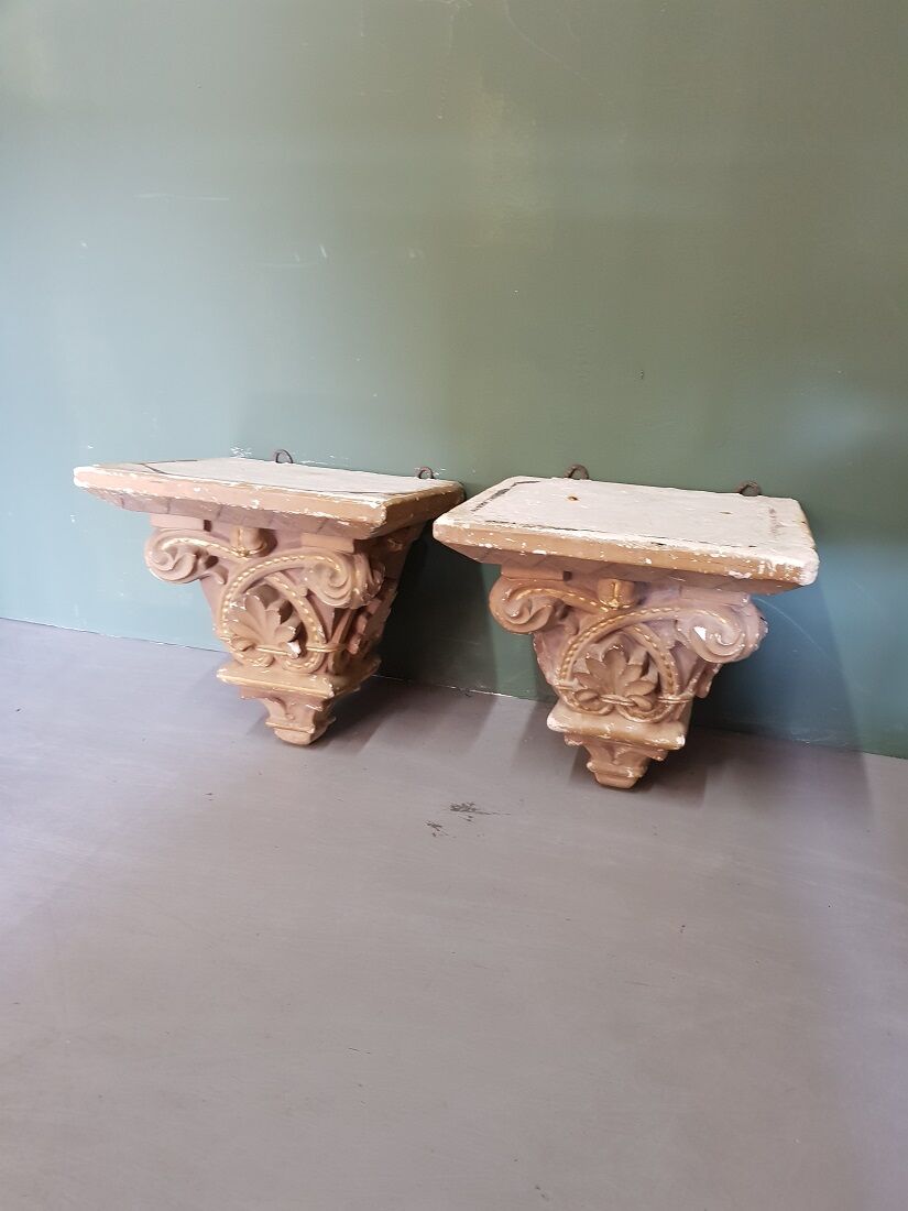 Early 20th Century French Plaster Wall Consoles In A Church Architectural Style