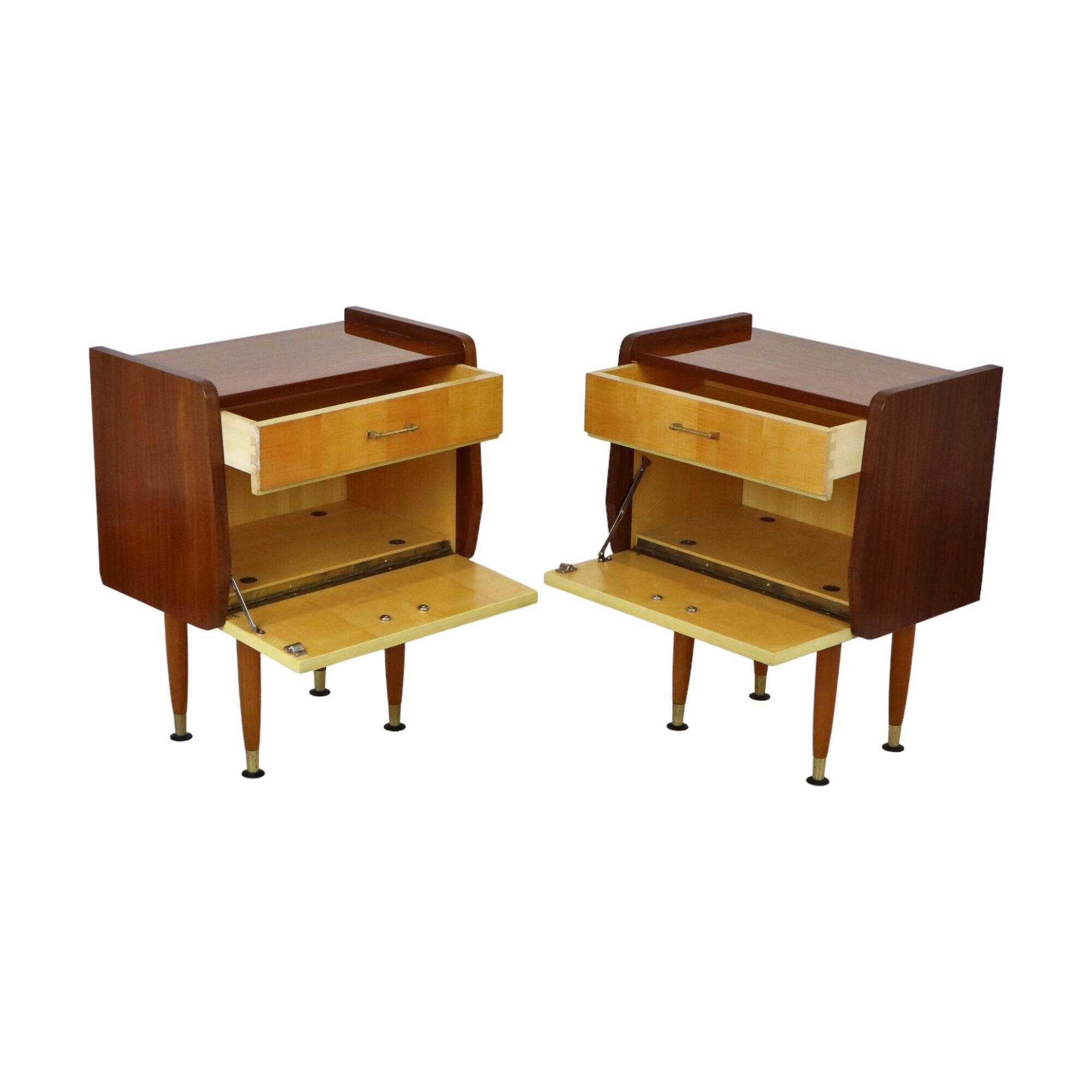Pair of vintage wooden bedside tables brass handles 60s design