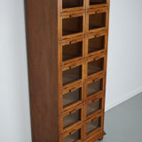 Vintage dutch oak haberdashery shop cabinet / vitrine drop down doors, 1930s