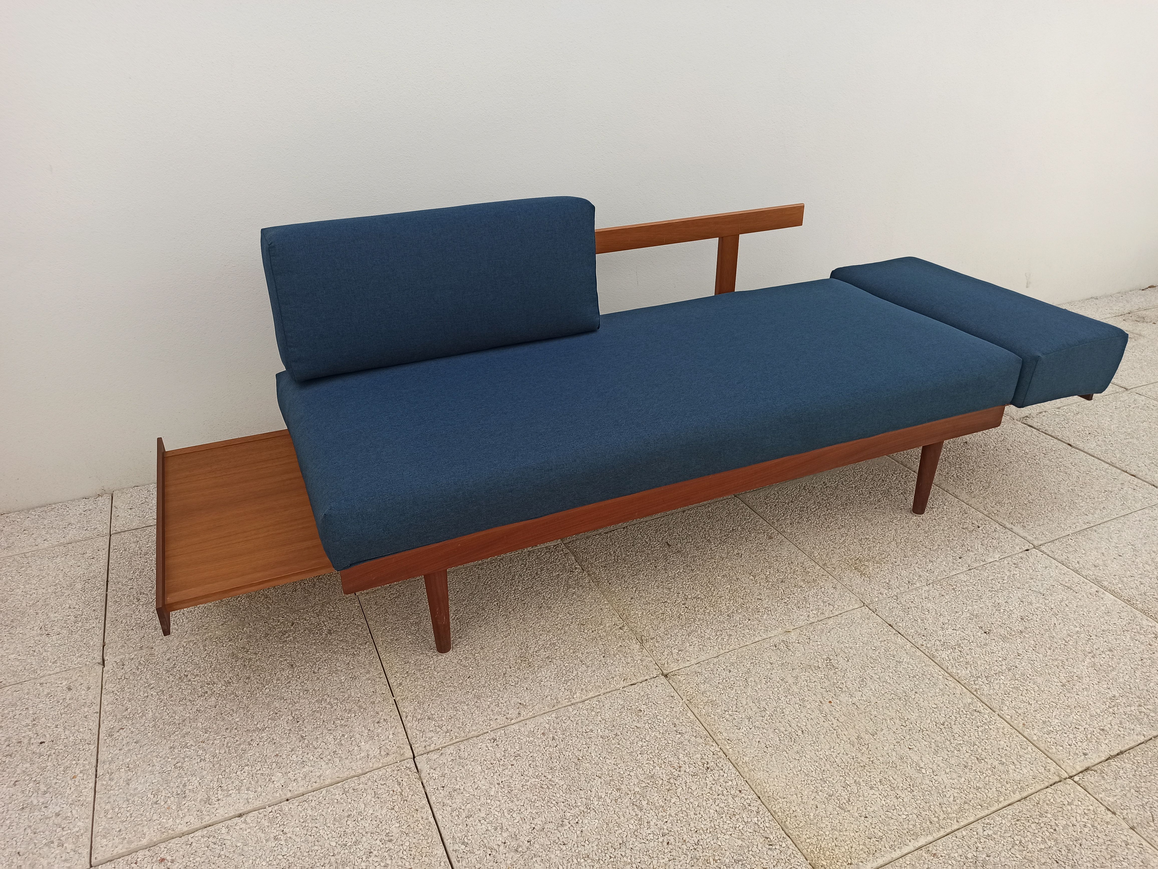 Vintage Norwegian Daybed sofa in teak and petrol blue fabric by Ingmar Relling for