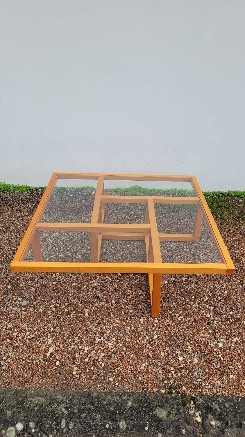 Modernist vintage square coffee table, in wood and old glass