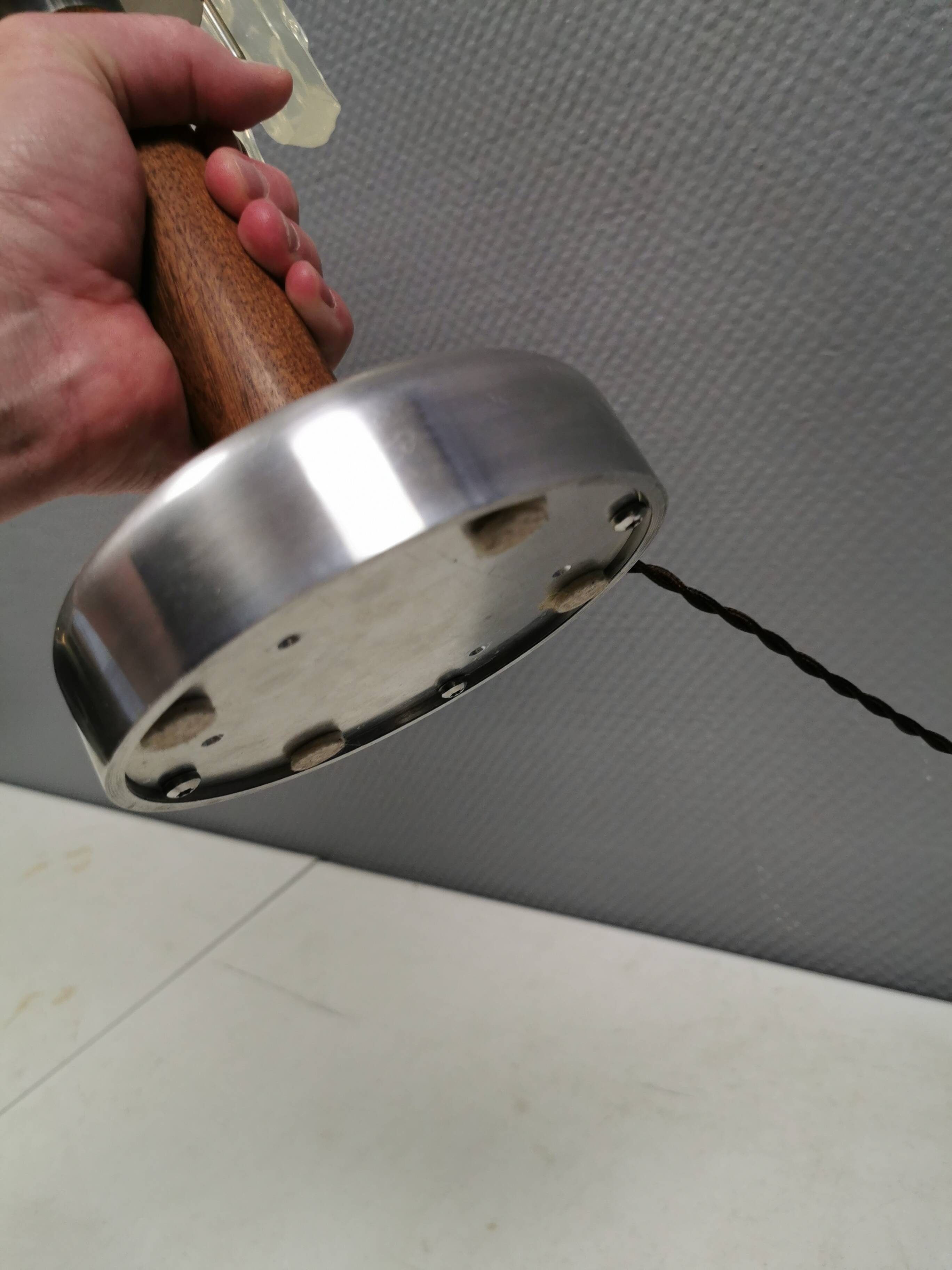 Table lamp with a teak ‘trunk’, silver-coloured metal base, acrylic shade