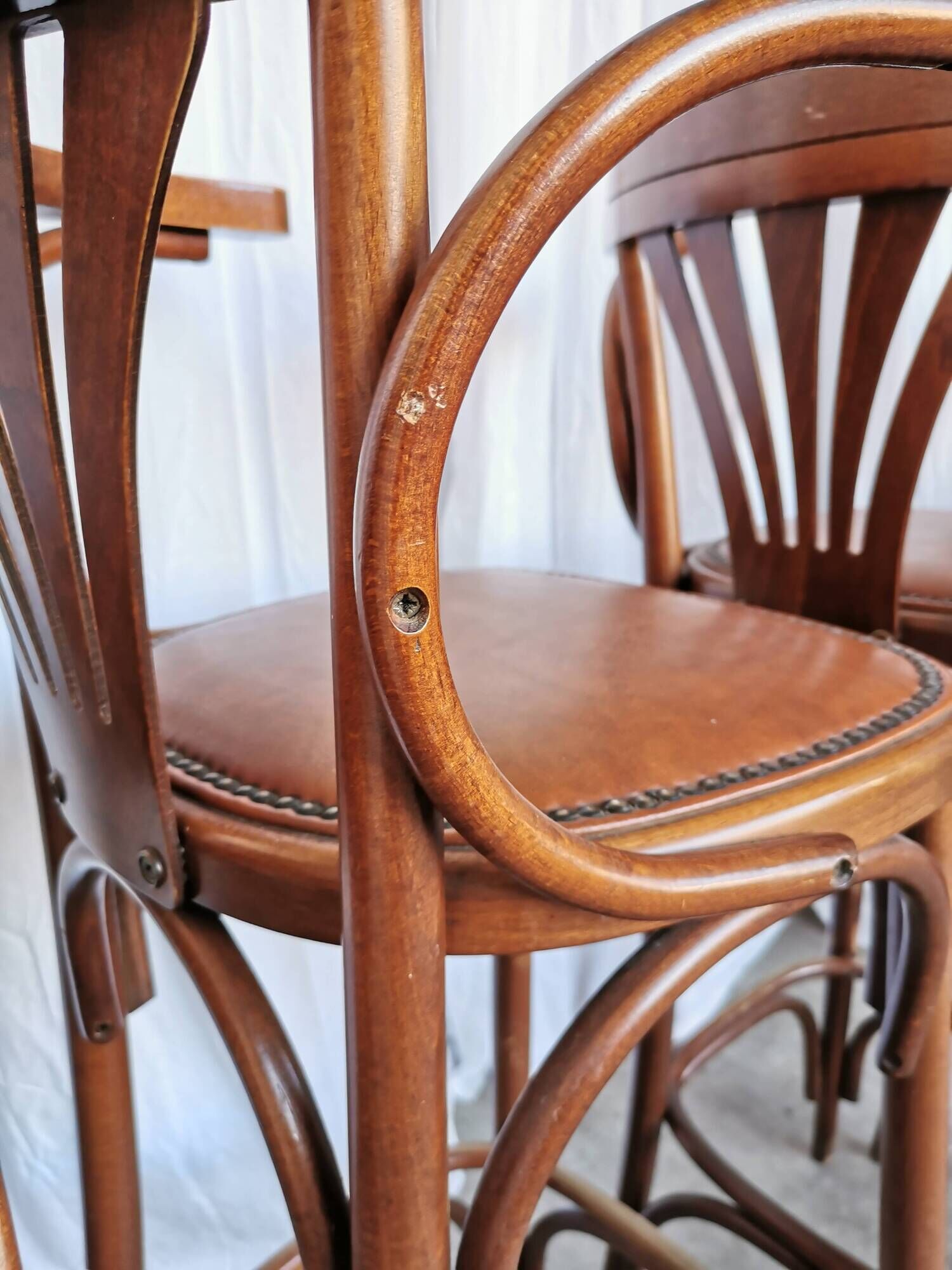 Set of 6 Vintage Bentwood Bar Stool Set: Brown Leather Seat, Nailhead Trim