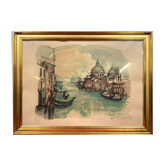 Très grande lithographie de Pradel figurant une vue de Venise