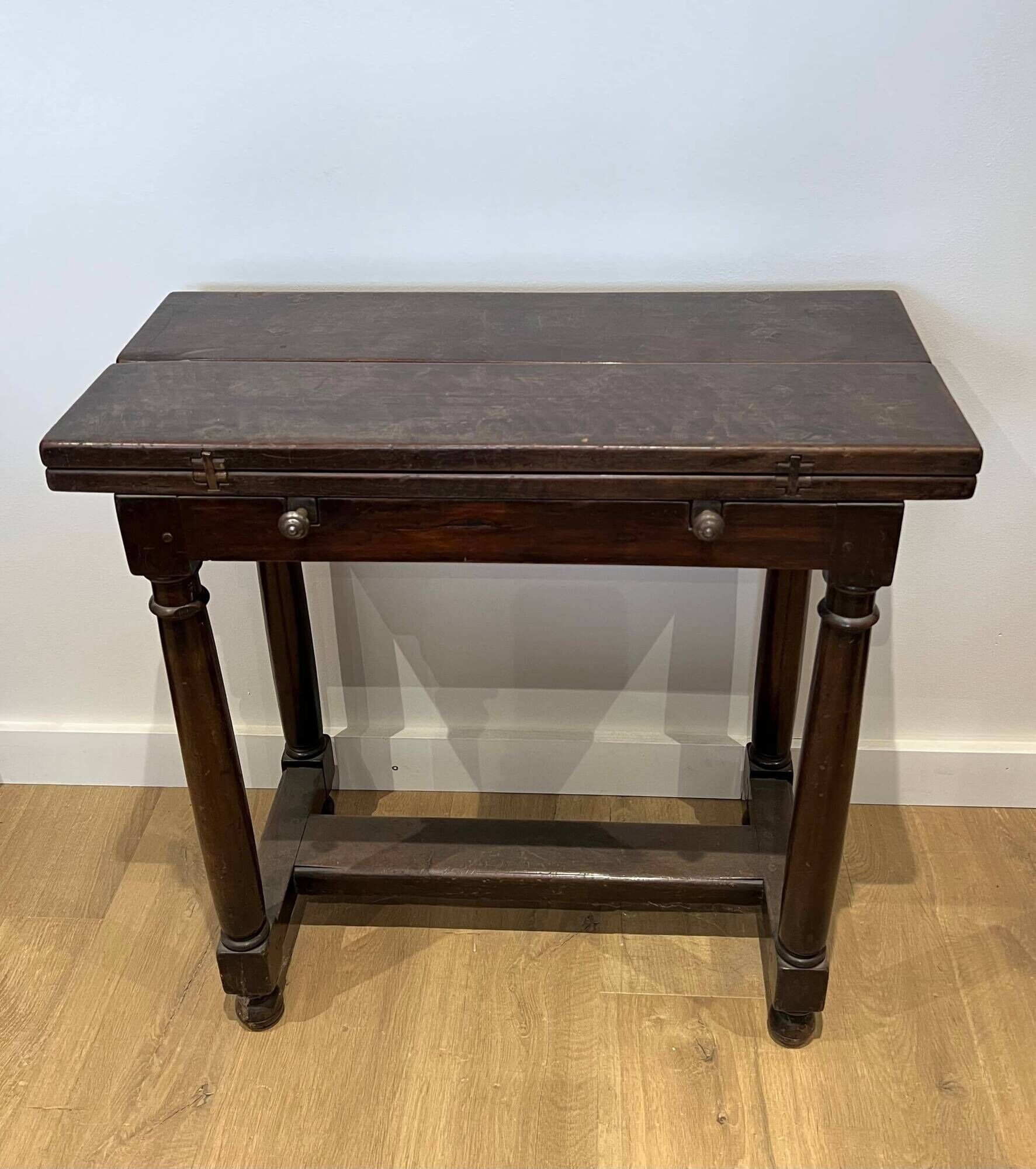 Portuguese Table with Folding Top in Walnut with Detached Columns and Stretcher