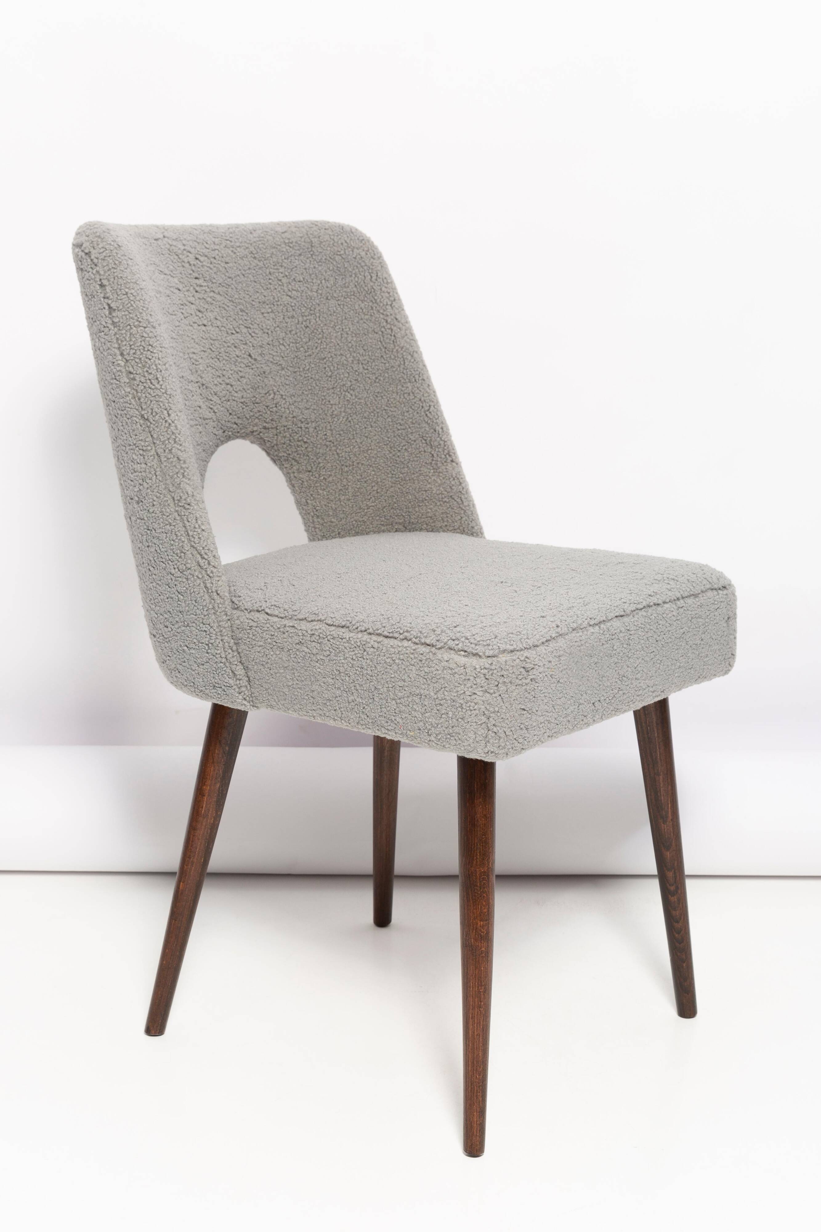 Grey boucle shell chair, dark beech wood, Poland, 1960s.