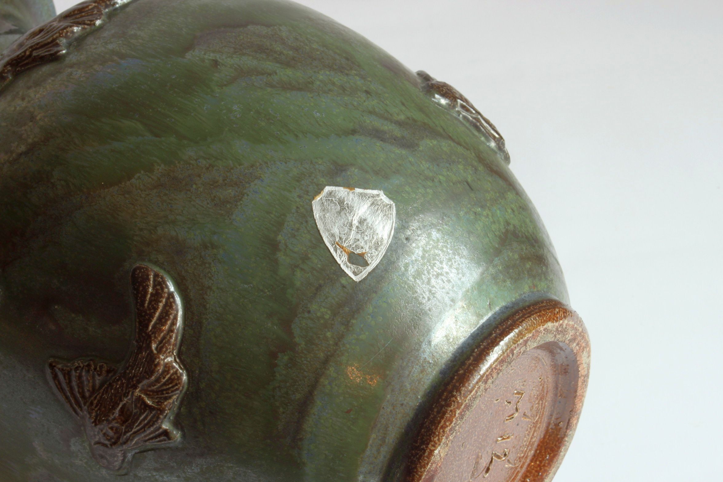 Art Deco Stoneware Vase with Fish Reliëf by Roger Guerin, Belgium, 1920s