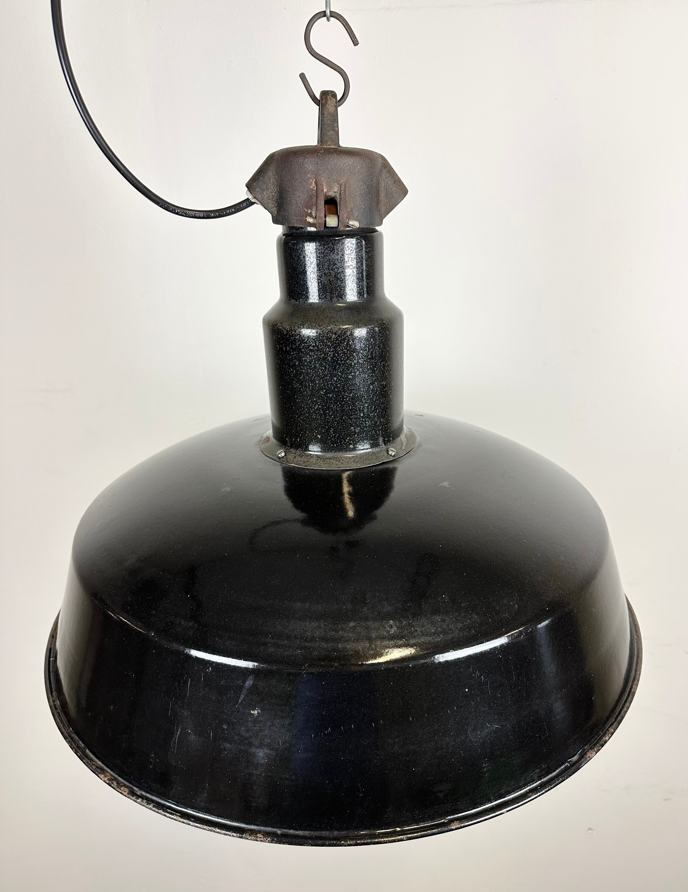 Industrial midcentury black enamel factory lamp, 1950s