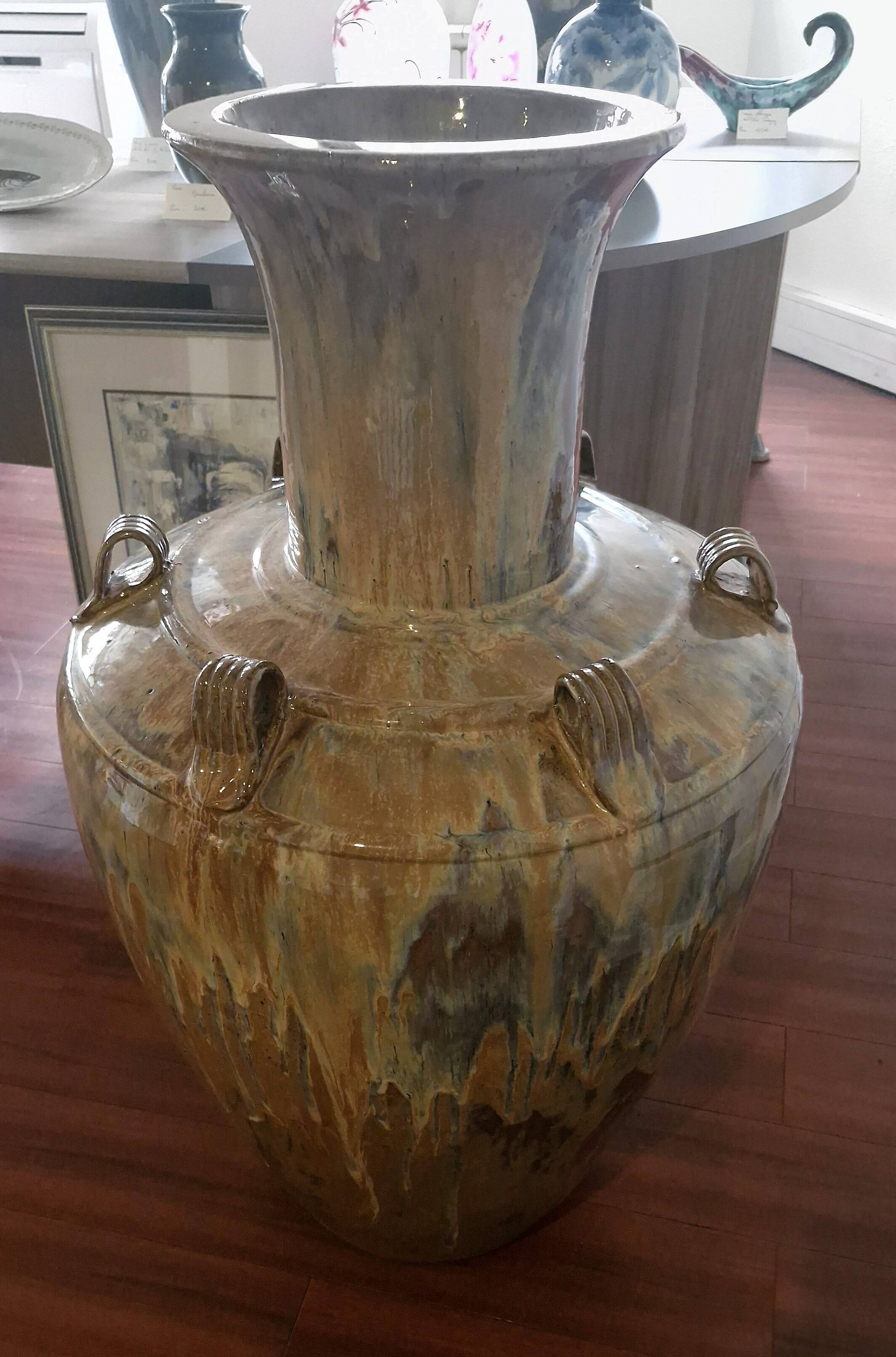 Large handled jar in glazed terracotta