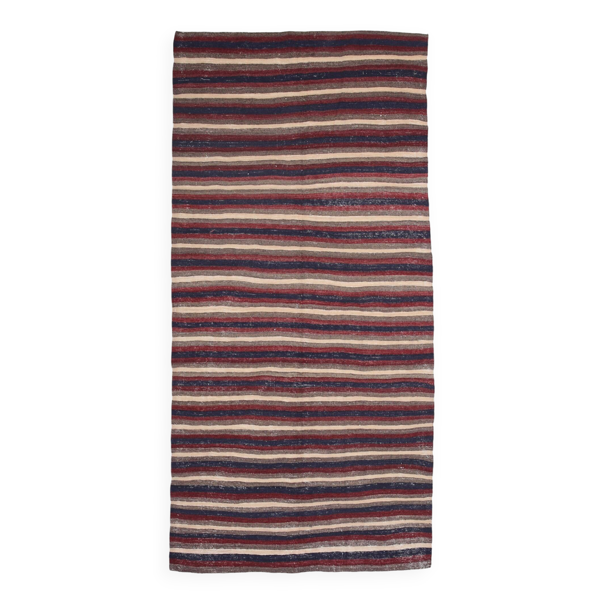 4x9 Red & Navy Blue Pinstriped Pattern Turkish Kilim Rug, 136x284Cm