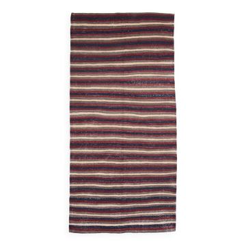 4x9 Red & Navy Blue Pinstriped Pattern Turkish Kilim Rug, 136x284Cm