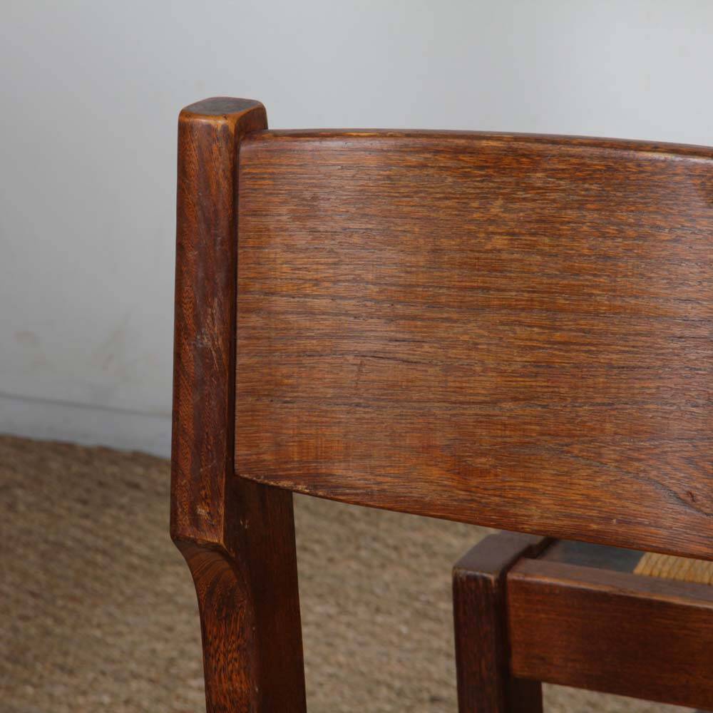Set of 4 vintage solid wood and straw chairs, 1980