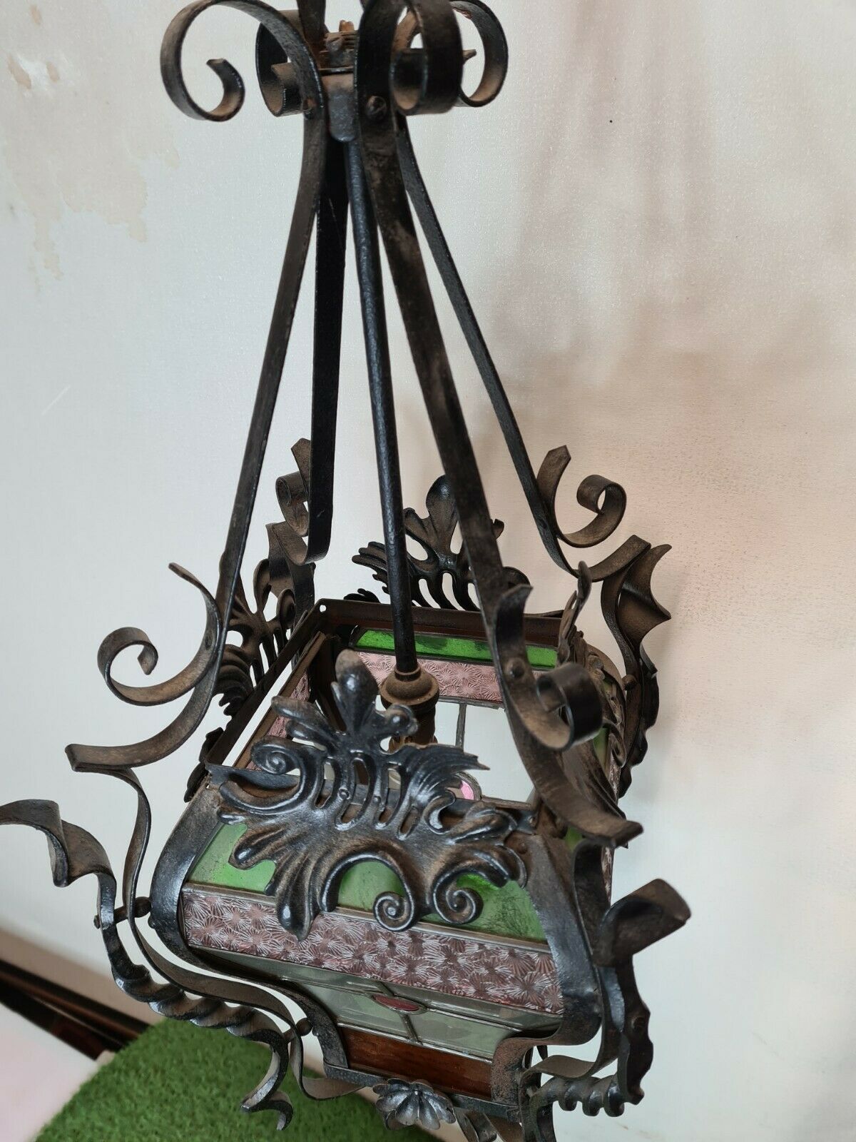 Wrought iron lantern with stained glass