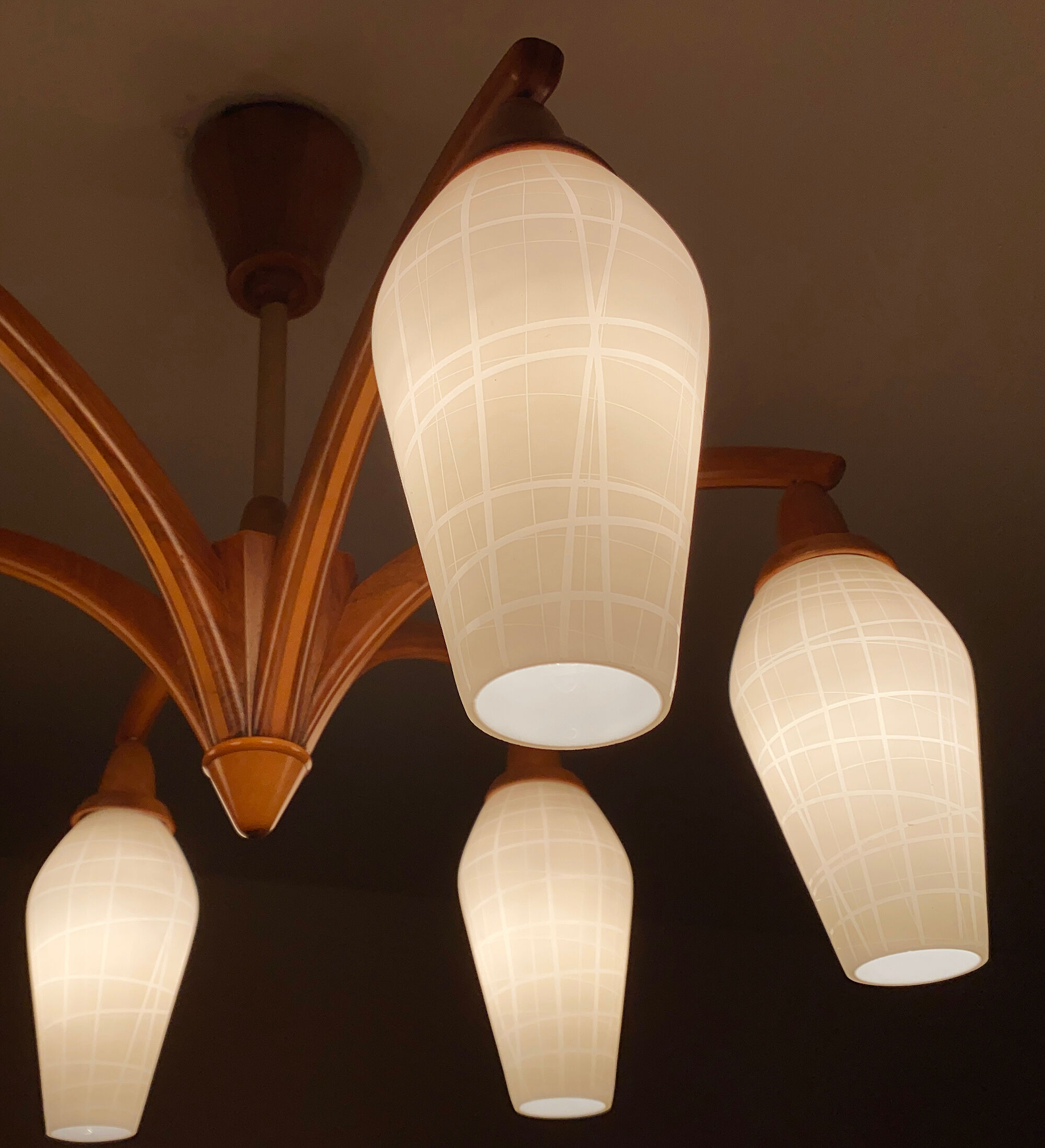 Vintage Pendant Lamp Scandinavian Temde, Wood and Opal Glass, 60s