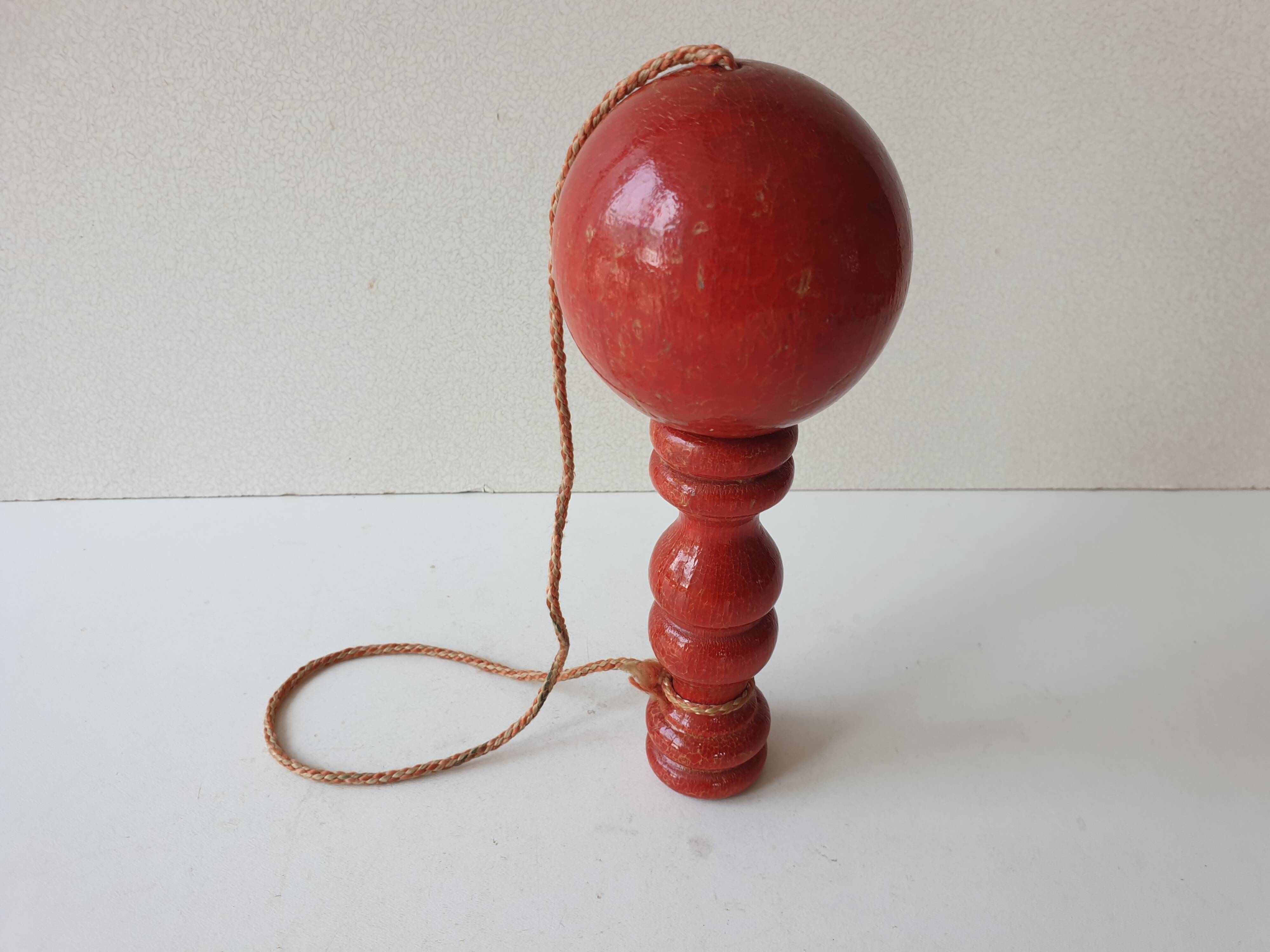 Old wooden Bilboquet - red color Height 17.5 Cm