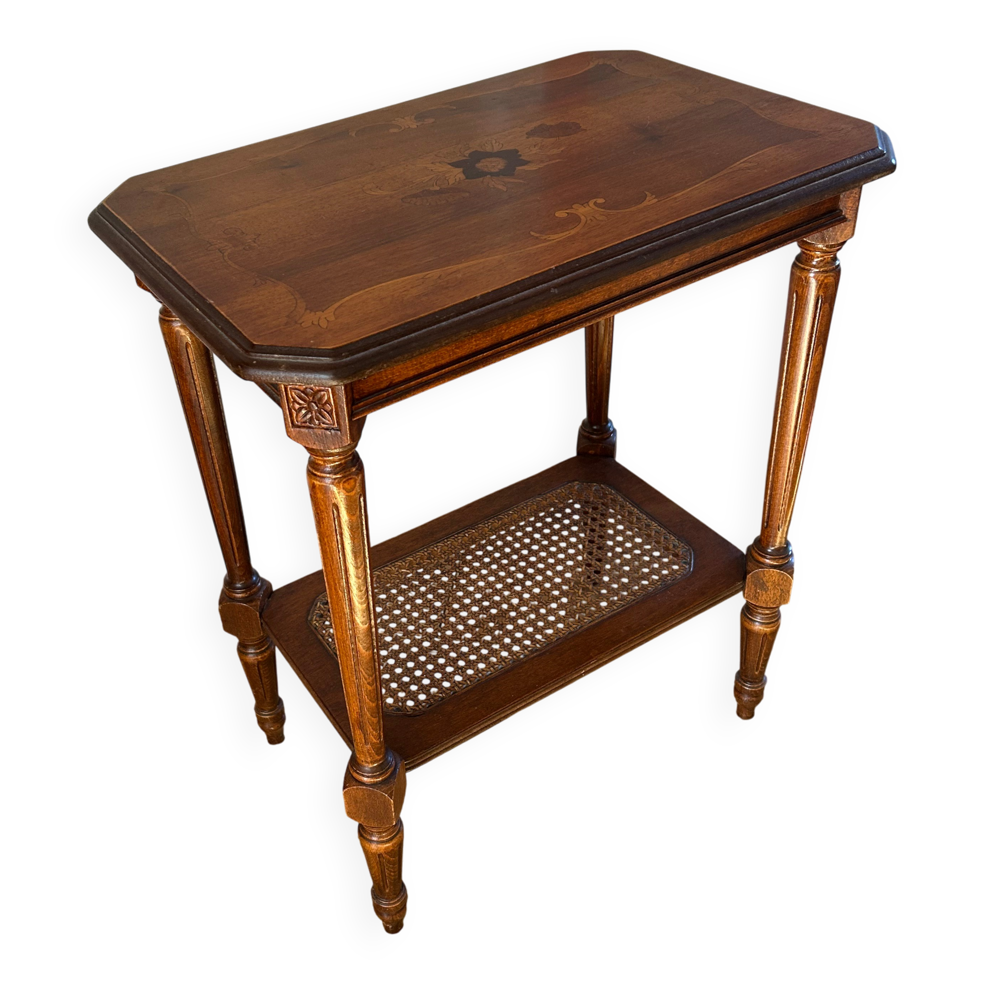 Napoleon III gueridon in floral marquetry and caning