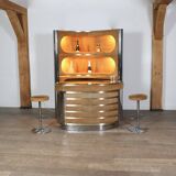 Suede and chrome dry bar with barstools in cognac, italy 1970s