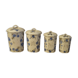 4 old porcelain covered spice pots with pink floral decoration