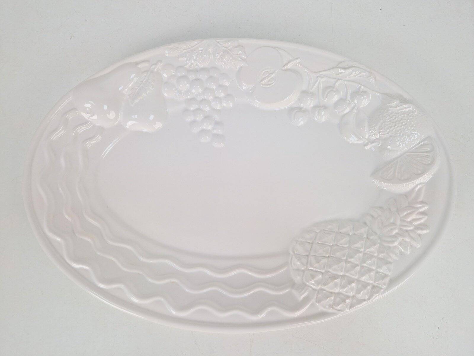 Vintage Large White Majolica Serving Bowl with Relief Fruits by A. Santos, Portugal, 1970s