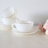 Set of 4 cups and under cups Arcopal harlequin range, white and gold, made in France