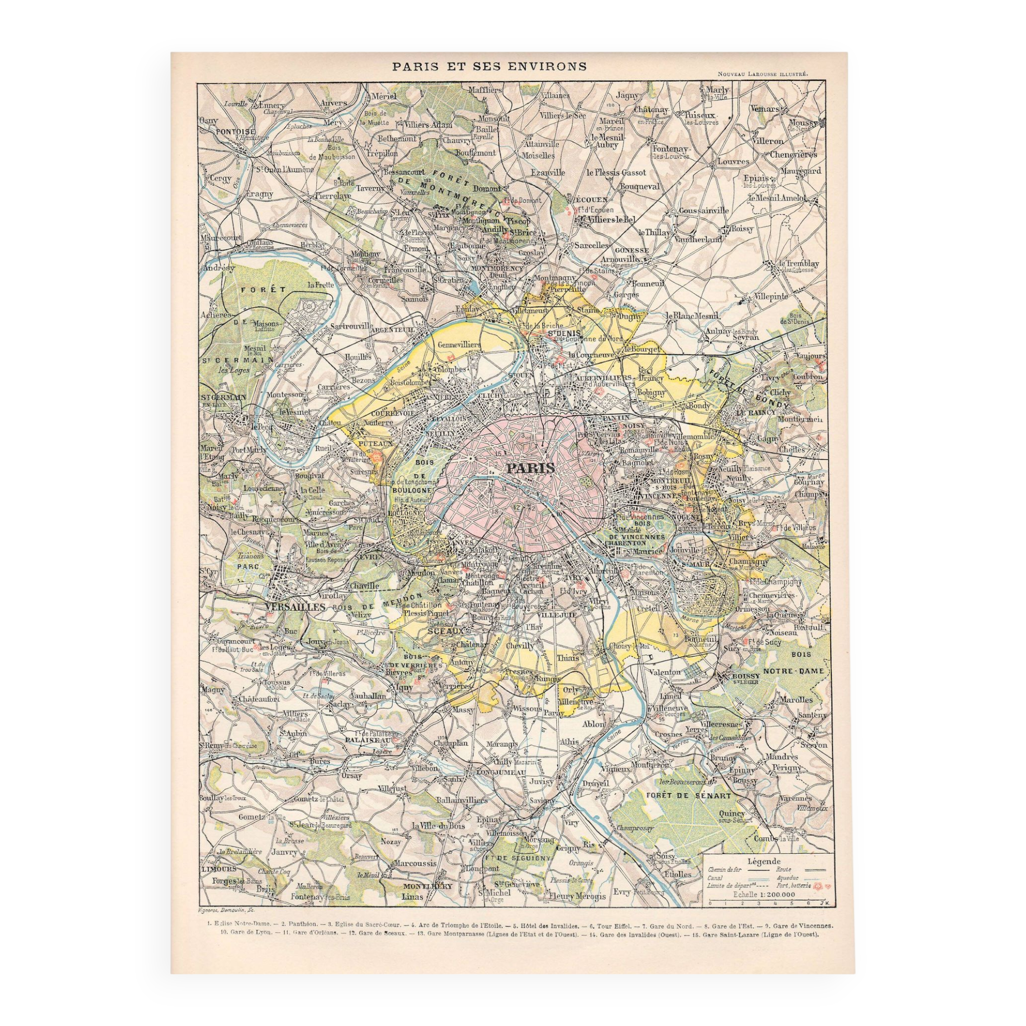 Old map of Paris and its surroundings late 19th century