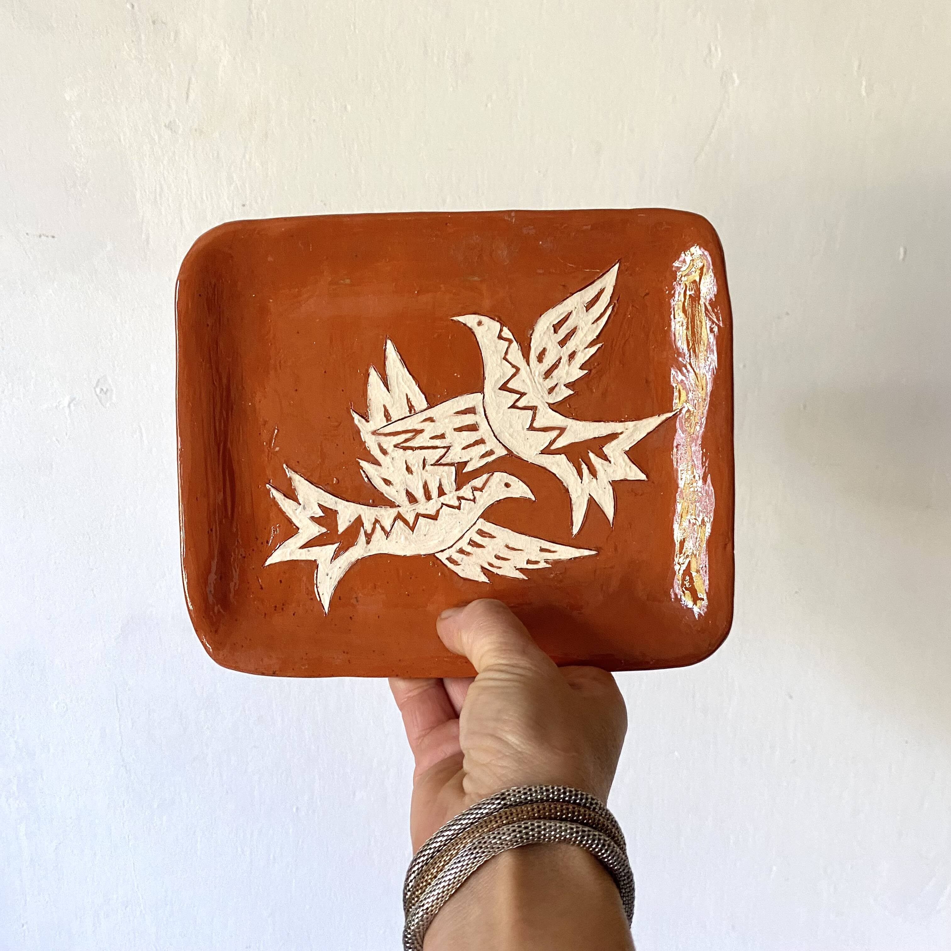 Glazed terracotta pocket tray, bird decor