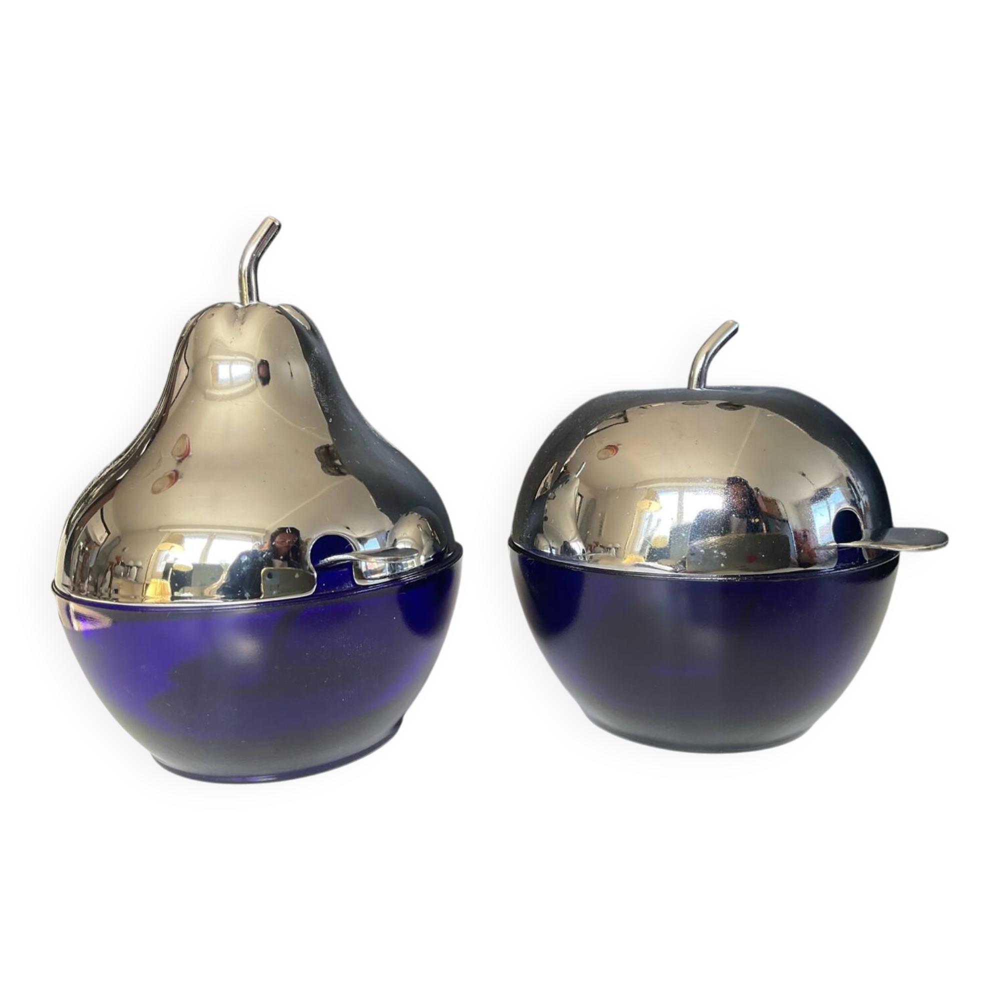 A pair of vintage cobalt glass and silver-plated sugar bowls.