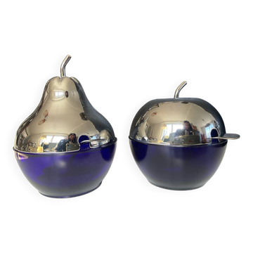 Duo de sucriers vintage en verre cobalt et métal argenté